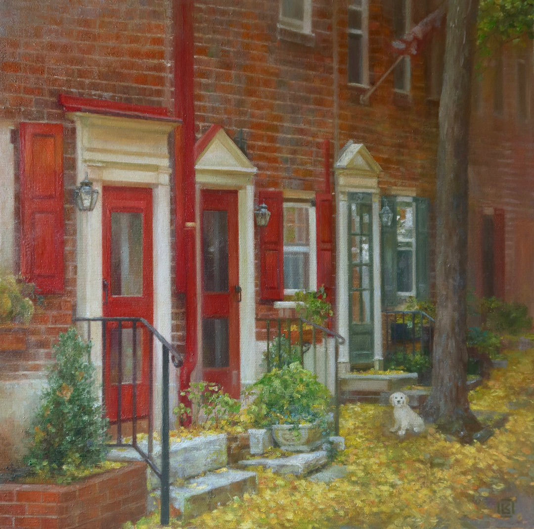 Philadelphia red brick rowhomes with red doors and railings, potted plants, yellow fall leaves on the round and a white dog in oil paint nature landscape urban