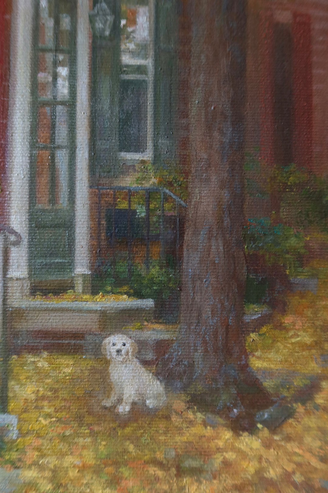 Philadelphia red brick rowhomes with red doors and railings, potted plants, yellow fall leaves on the round and a white dog in oil paint nature landscape urban
