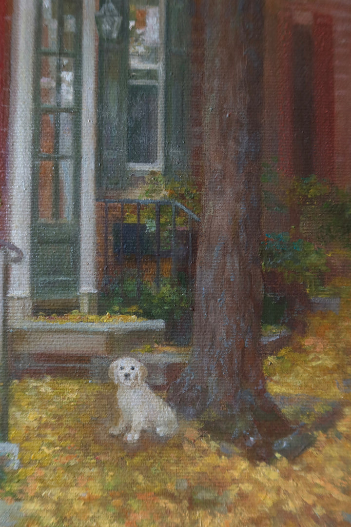 Philadelphia red brick rowhomes with red doors and railings, potted plants, yellow fall leaves on the round and a white dog in oil paint nature landscape urban