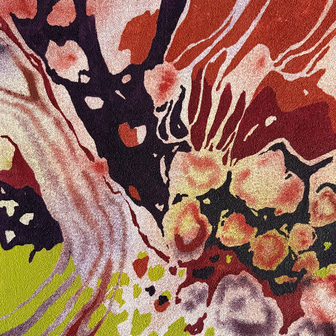 Abstract organic pumice painting in oil paint by local female artist  natural shapes textures abstracted negative space line weight gradient of color purple greens and red orange circular orbs 