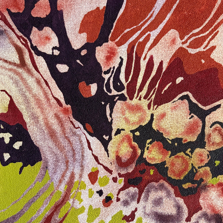 Abstract organic pumice painting in oil paint by local female artist  natural shapes textures abstracted negative space line weight gradient of color purple greens and red orange circular orbs 