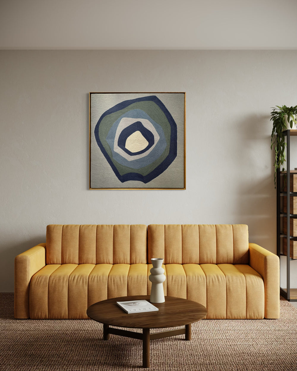 43"x42.5" chain-stitched textile with blue hues in a geometric form. 