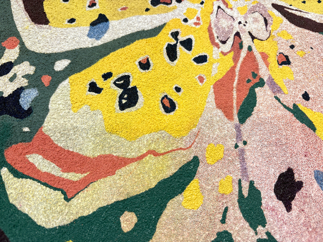 oil on pumice primed canvas abstract organic shapes gradient and opaque yellow spotted orchid flower petals with green and pink splotchy background