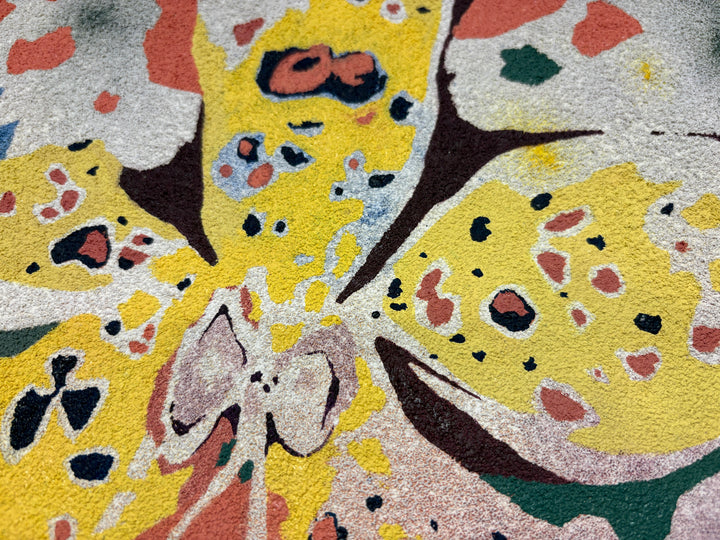 oil on pumice primed canvas abstract organic shapes gradient and opaque yellow spotted orchid flower petals with green and pink splotchy background