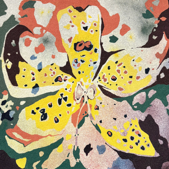 oil on pumice primed canvas abstract organic shapes gradient and opaque yellow spotted orchid flower petals with green and pink splotchy background