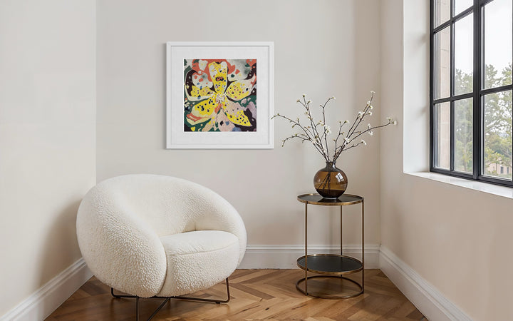 oil on pumice primed canvas abstract organic shapes gradient and opaque yellow spotted orchid flower petals with green and pink splotchy background
