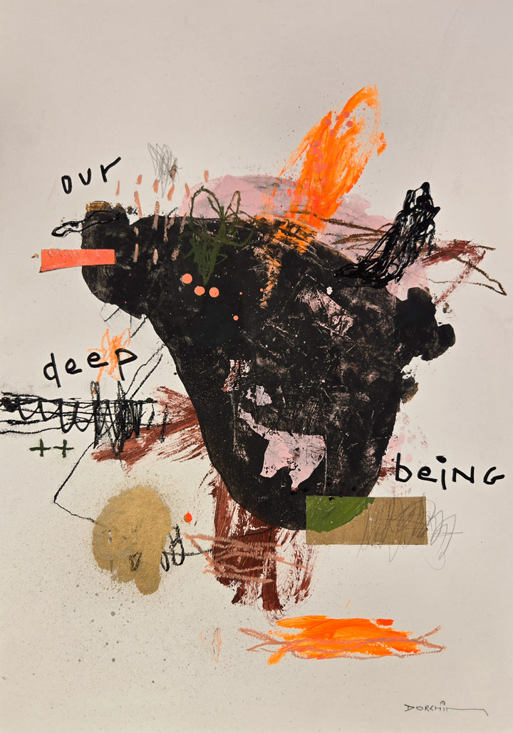 Abstract mixed media artwork on paper by Laurent Dorchin in brown, pink, orange and white. Organic linework and minimal illustrations with collage and text elements.