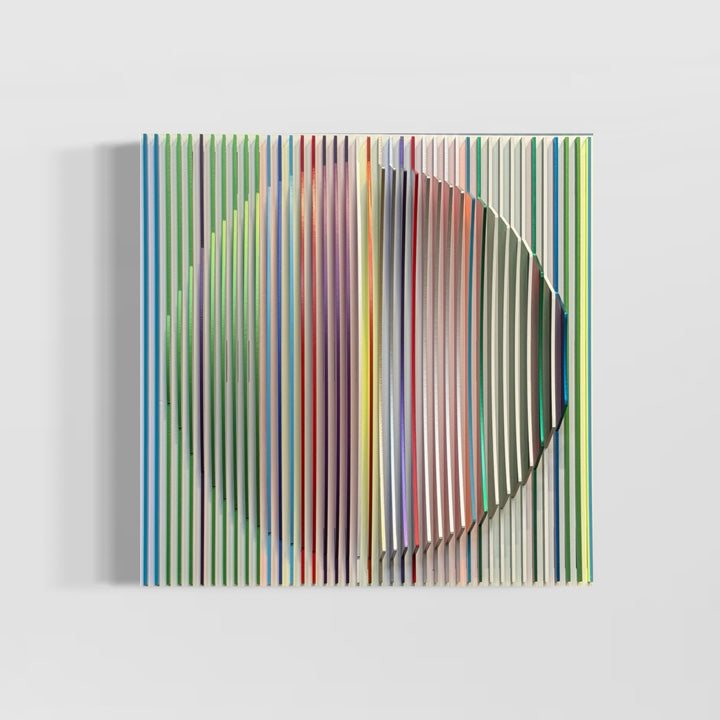 from view vertical stripes on white background in rainbow colors all convex and concave optical illusion to create circle from front, jagged from side and color more prominent