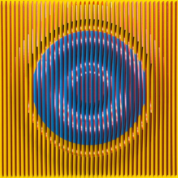 vertical stripes plexiglass abstract geometric with yellow and orange in back and pulsing round circular middle in blue when viewed at angle mostly red