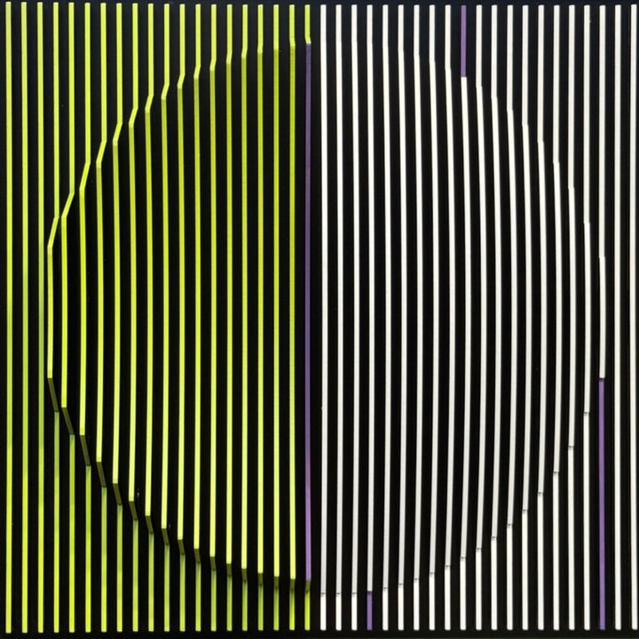 vertical stripes in black and yellow transitioning to white and black with random lines of purple optical illusion 3d texture geometric abstraction