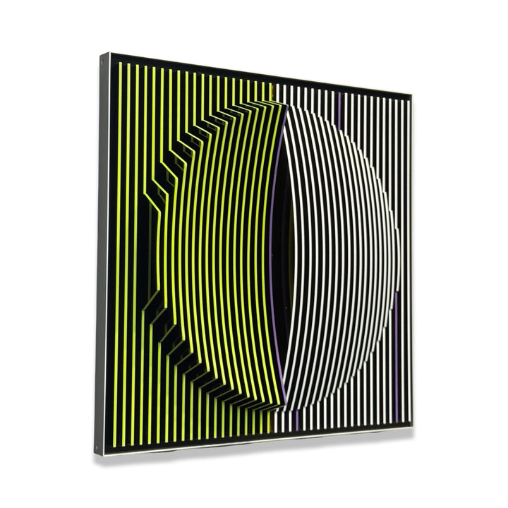 vertical stripes in black and yellow transitioning to white and black with random lines of purple optical illusion 3d texture geometric abstraction