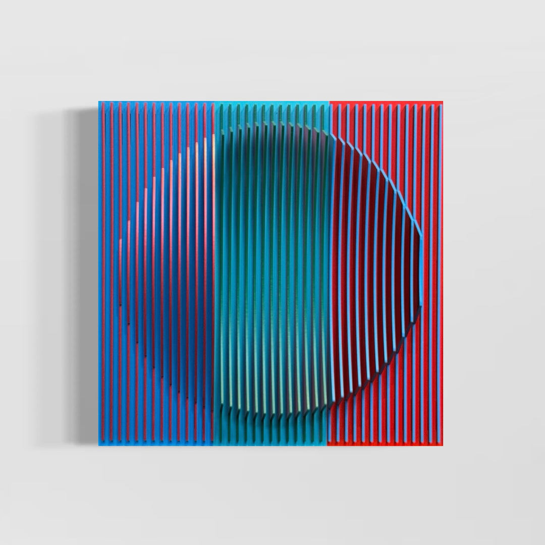 vertical stripes in three sections of color purple blue red optical mixing illusion concave convex sculptural abstract geometric modern