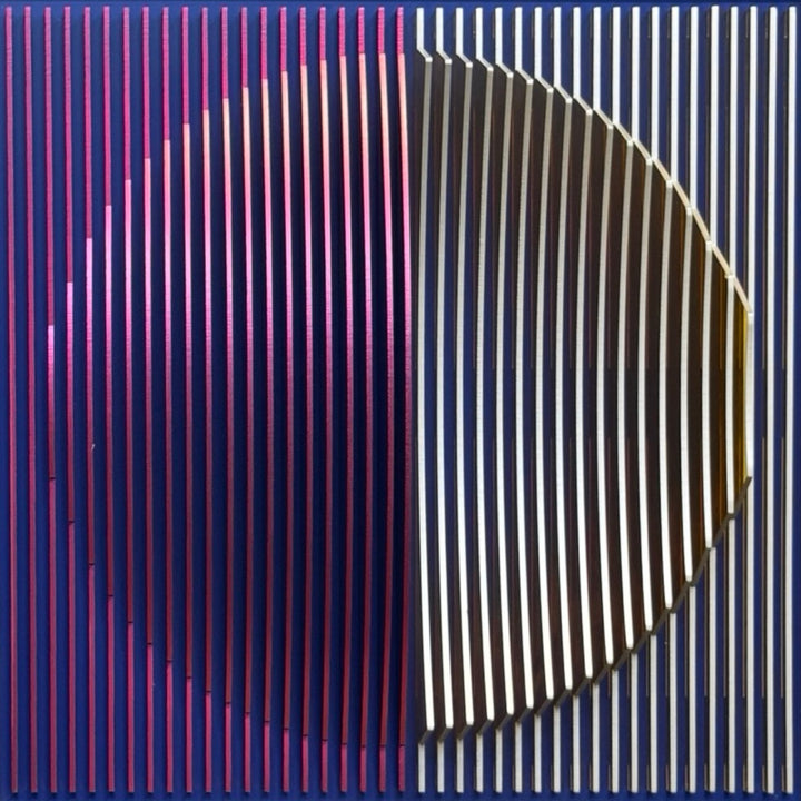 vertical stripes in purple white and navy with half convex concave sculptural circle shape coming out of center geometric abstract
