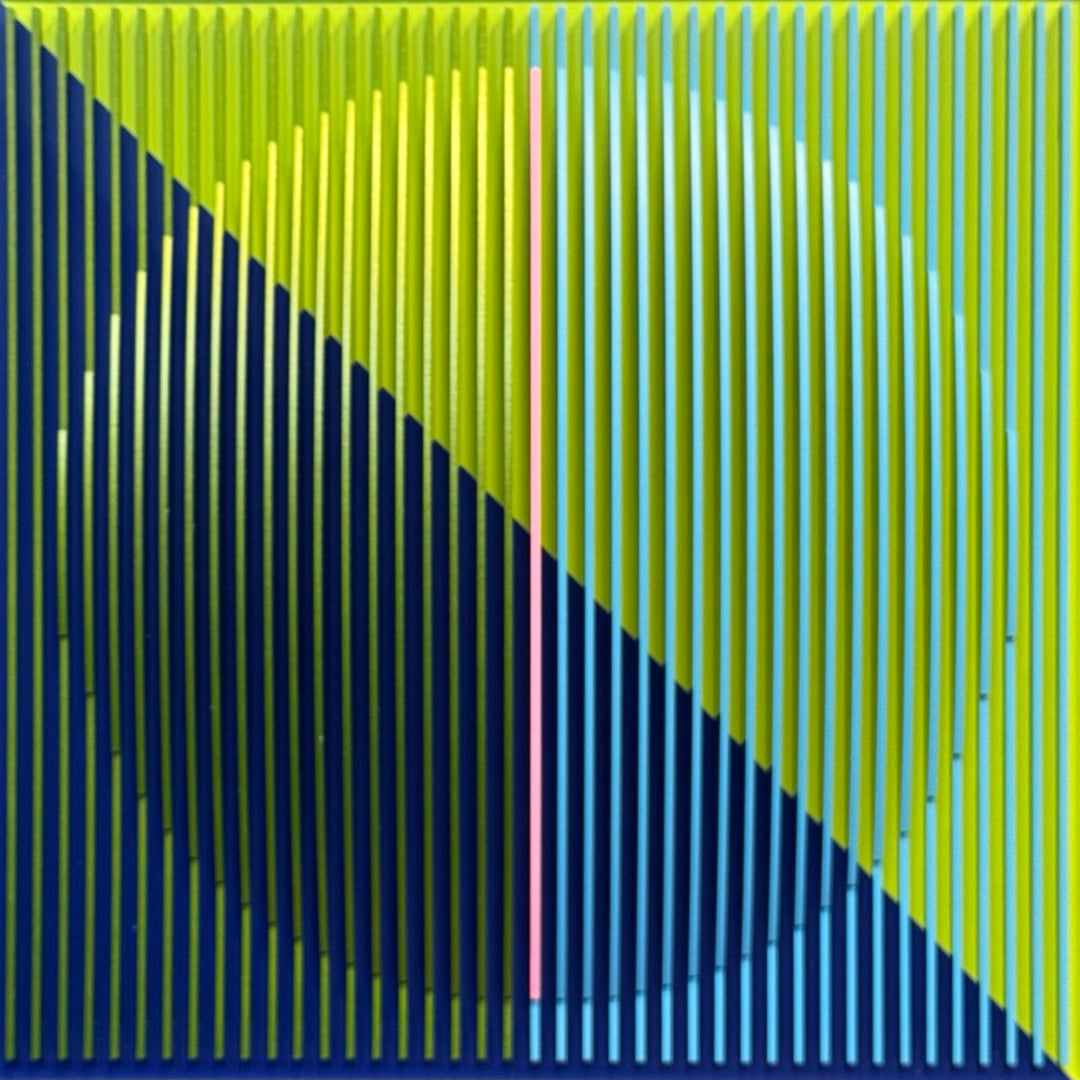 vertical stripes in green and blue with half split background in triangles on green and blue circular shape con-vexing sculptural out of center composition one pink line in middle