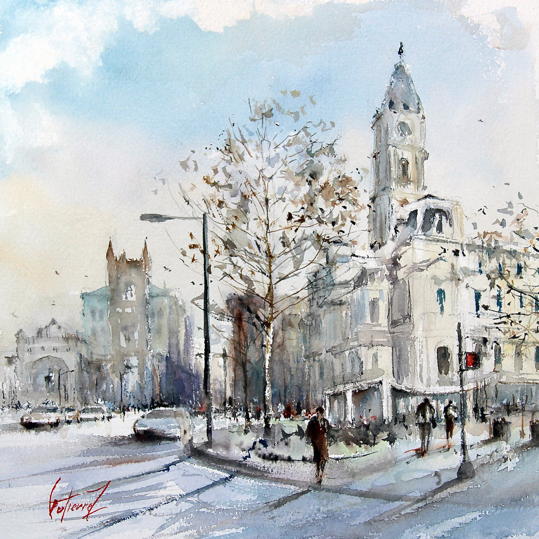 corner of street looking at city hall building in Philadelphia with people on the sidewalk and buildings in the distance in light watercolor washes of blue and detailed trees