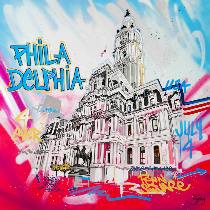 "Penn Square" by Pappay — a vibrant street art-inspired painting on canvas depicting Philadelphia City Hall surrounded by explosive neon pink, blue, and red graffiti lettering reading "Philadelphia," "Penn Square," "July 4," and "USA" against a vivid spray-painted background. A bold, energetic celebration of Philadelphia&