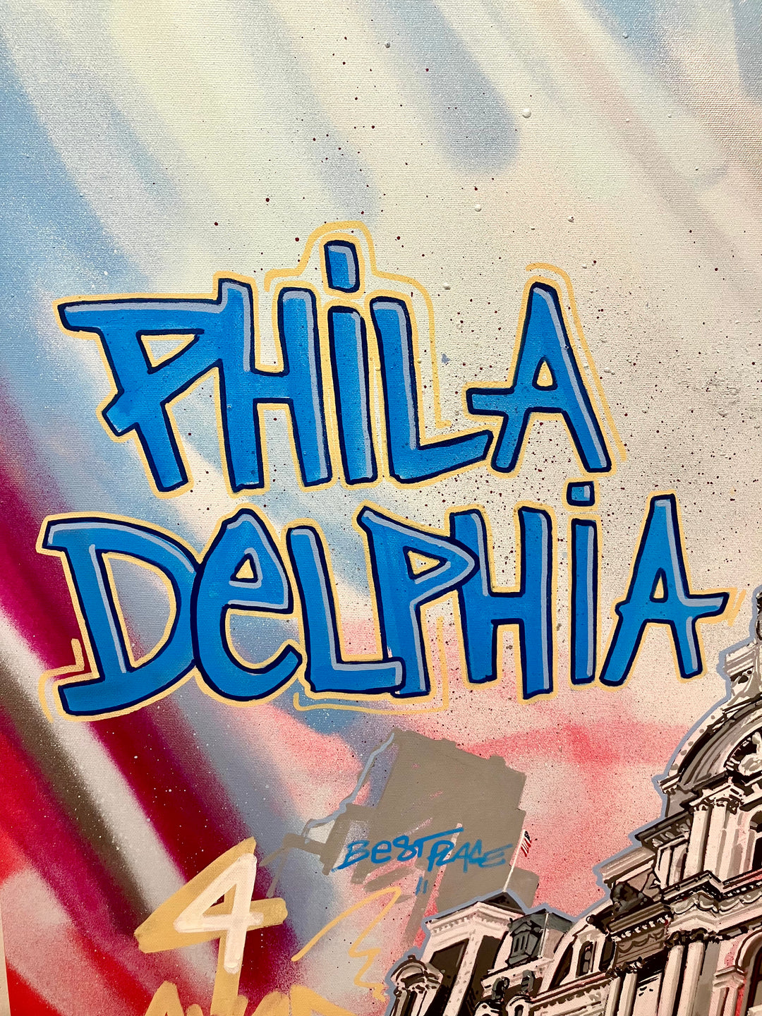 "Penn Square" by Pappay — a vibrant street art-inspired painting on canvas depicting Philadelphia City Hall surrounded by explosive neon pink, blue, and red graffiti lettering reading "Philadelphia," "Penn Square," "July 4," and "USA" against a vivid spray-painted background. A bold, energetic celebration of Philadelphia&