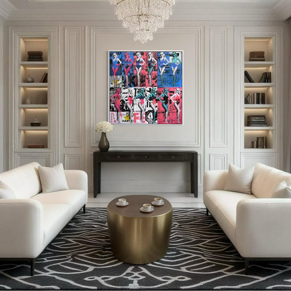 Picture Perfect by Jon Davenport — in-situ installation view of Neo-Pop mixed media painting displayed above a console table in an elegant living room