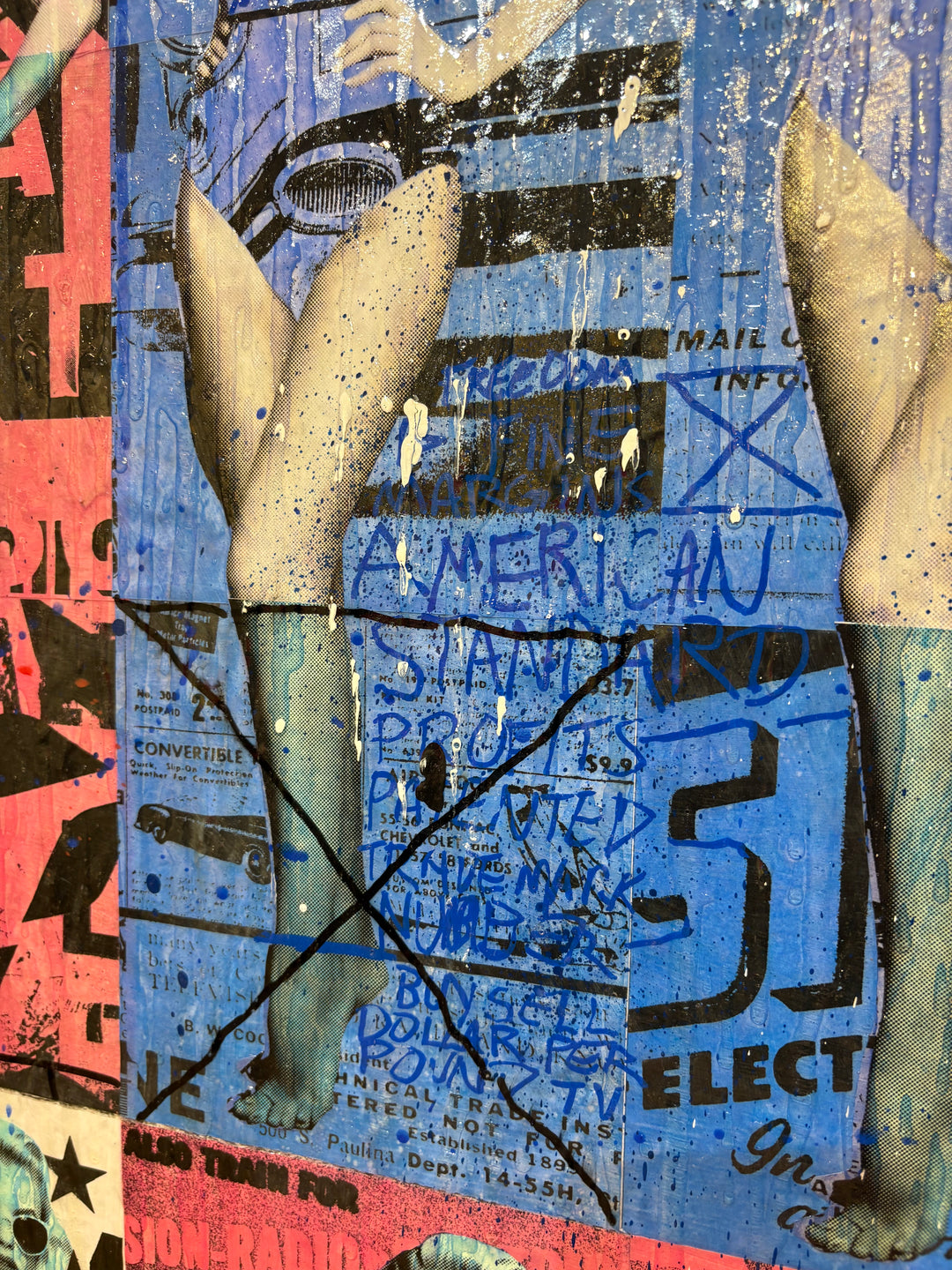 Picture Perfect by Jon Davenport — angled detail shot of Neo-Pop mixed media painting showing collaged legs, vintage typography and political poster imagery in blue and red