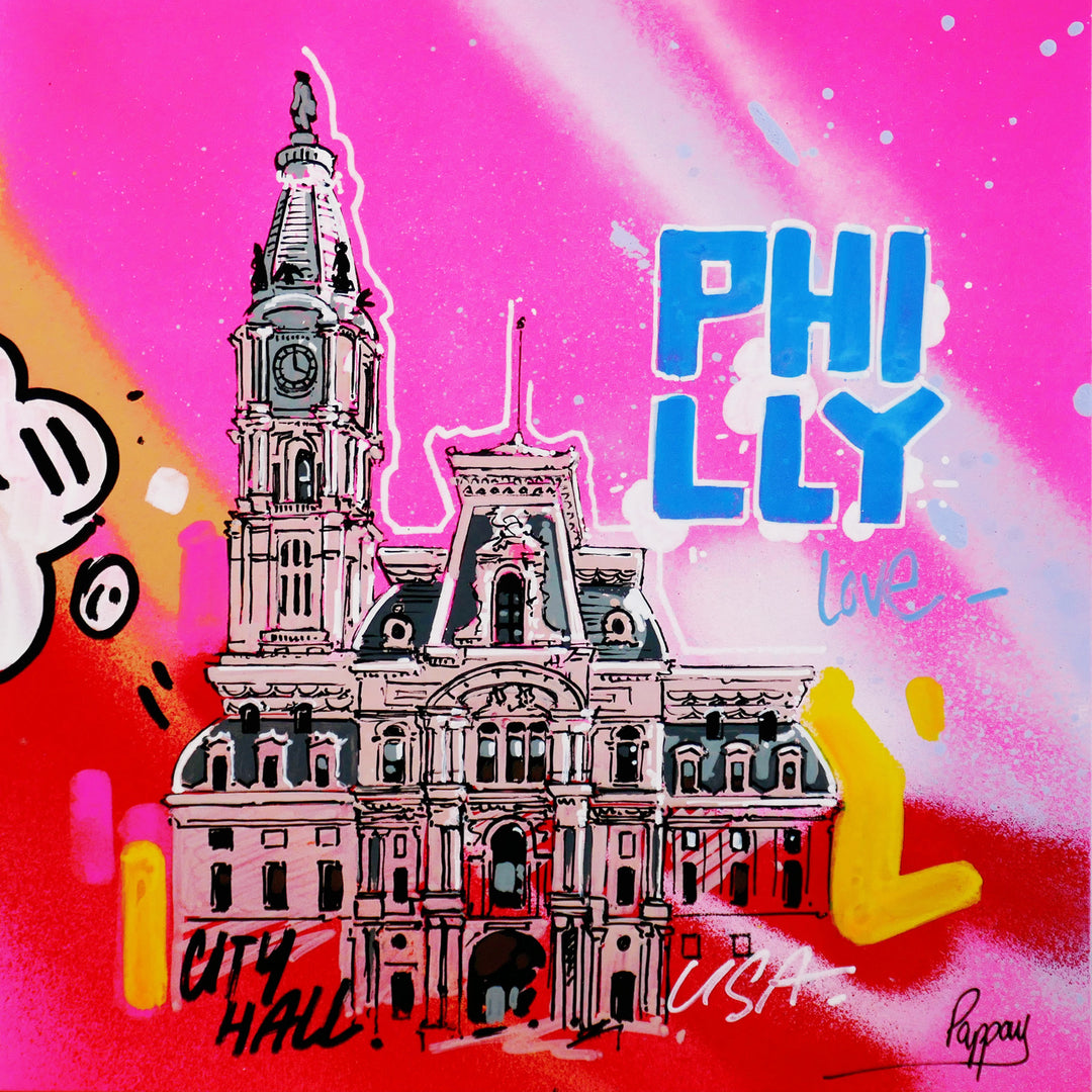 city hall illustration and graffiti philadelphia on red and pink spray paint background