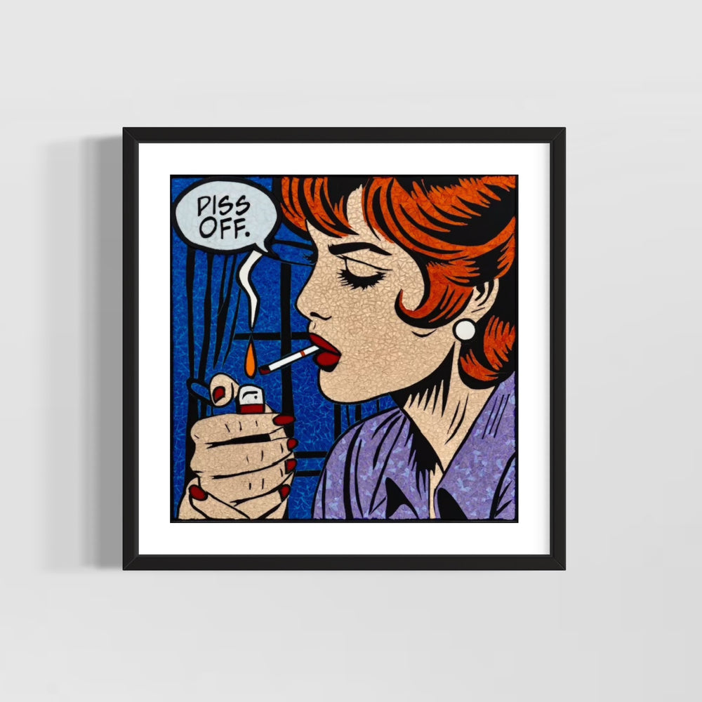 limited edition stain glass mosaic giclee print hand embellished with glitter  text bubble comic style retro vintage woman red short hair lighting cigarette with fame and glitter finger nails on blue background
