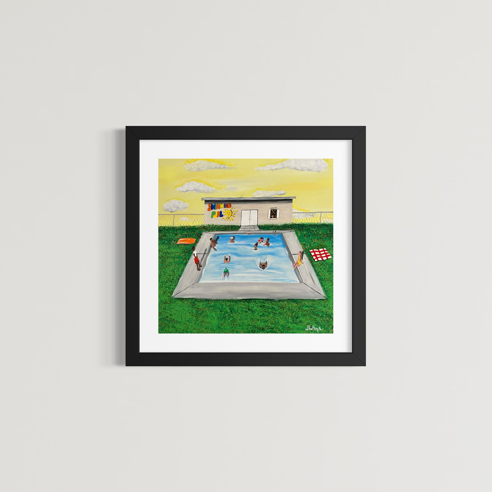 outdoor pool swimming scene playful summer grass with fence recreation center in acrylic figurative