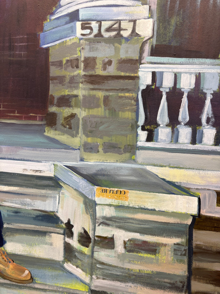 figurative black man sitting on steps Philadelphia urban mixed media landscape acrylic portrait painting incarcerated artist keith andrews