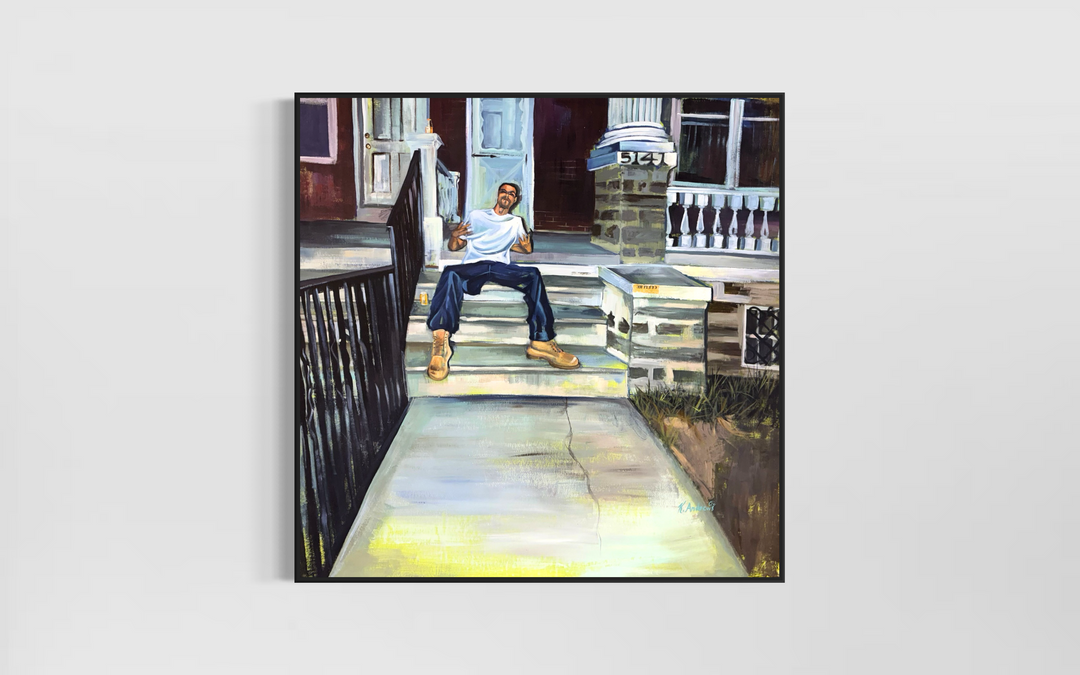 figurative black man sitting on steps Philadelphia urban mixed media landscape acrylic portrait painting incarcerated artist keith andrews