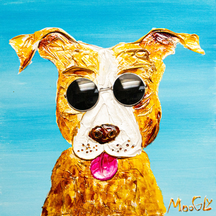 textured dog in resin with sunglasses collage on bright blue background