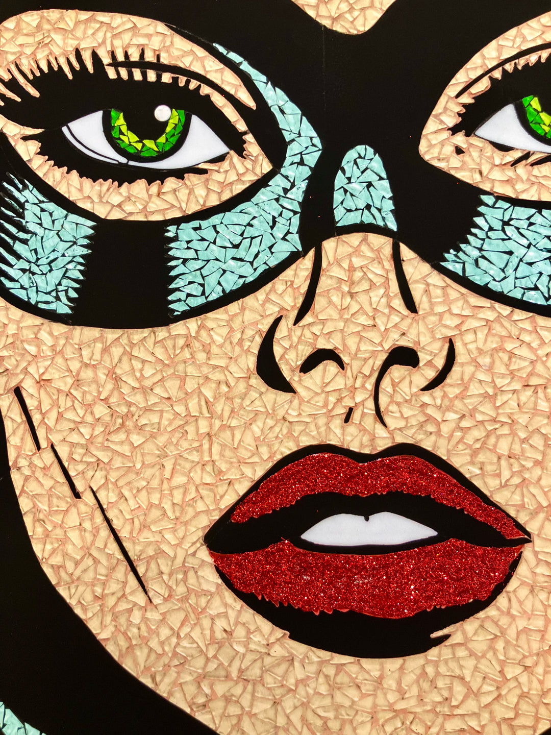 up close female portrait figurative stained glass mosaic hand embellished print woman with black and green hair wearing mask and glitter red lips neon sign queen in white