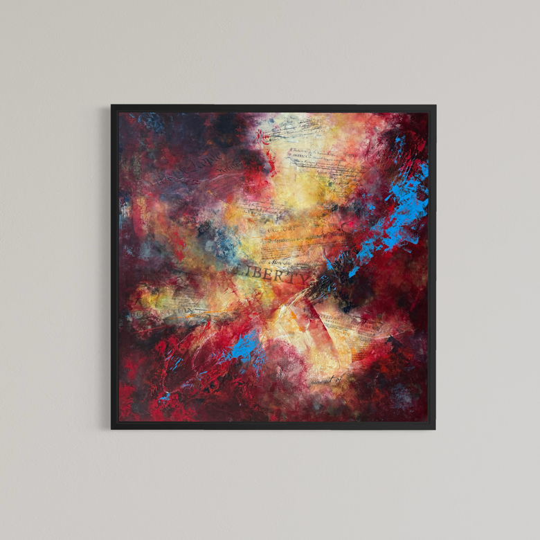 Redlined by Kym Balthazar — framed abstract painting in a black frame, showing oil, cold wax and collage on panel with bold red, gold and blue abstract forms