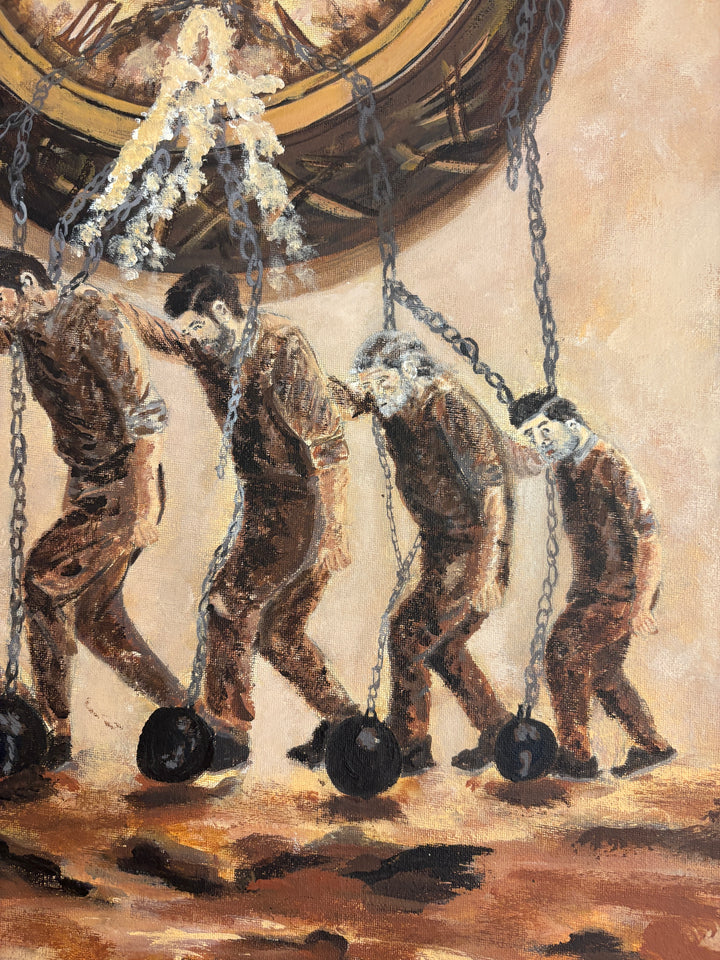 figures men prisoners carrying heavy weights and clock on shoulders in brown expressive brushstrokes