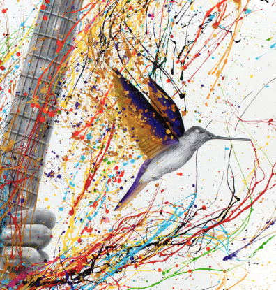 music guitar expressionist splatter painting realism instrument in black and white with bird multicolored on white background