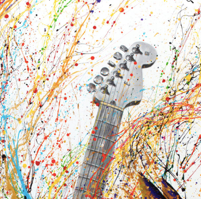 music guitar expressionist splatter painting realism instrument in black and white with bird multicolored on white background