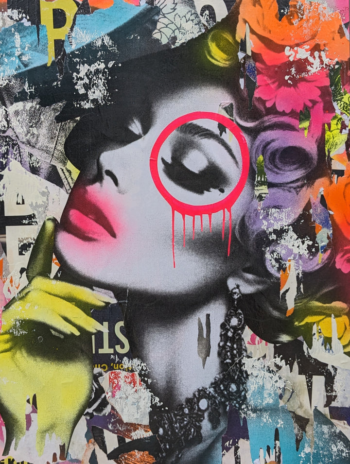 30"W x 40"H Acrylic paint, spray paint, wheat-paste, vintage advertisements, printed fragments on canvas. Posed woman surrounded by neon graphics with DAIN&