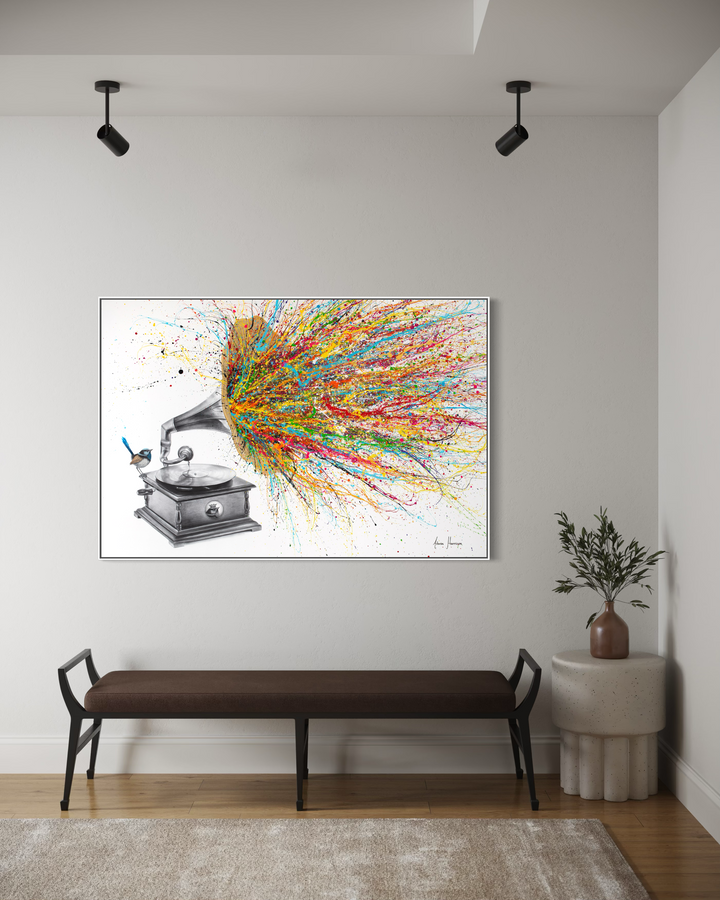 Gramophone with bird paint splatter out of speaker expressionism multicolor black and white realism on white background