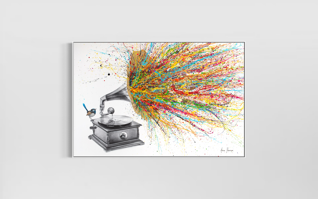 Gramophone with bird paint splatter out of speaker expressionism multicolor black and white realism on white background