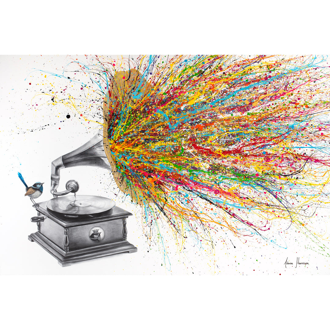 Gramophone with bird paint splatter out of speaker expressionism multicolor black and white realism on white background