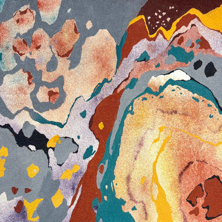 oil on pumice primed canvas abstract organic shapes gradient and opaque rust colored orange brown and teal blue in splotchy decaying shapes line weight