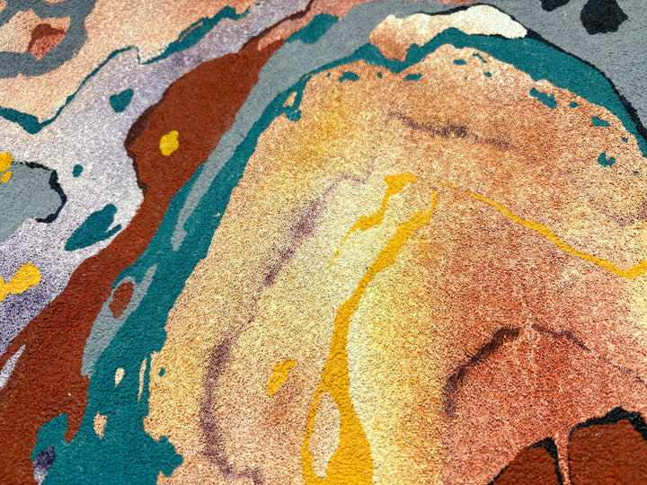 oil on pumice primed canvas abstract organic shapes gradient and opaque rust colored orange brown and teal blue in splotchy decaying shapes line weight