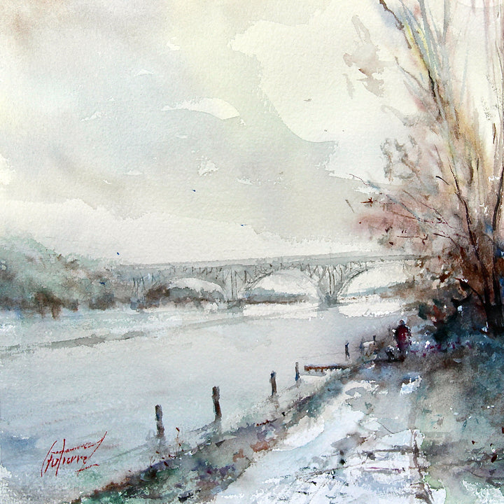 Schuylkill river in light white and blue washy water color winter scene landscape with bare trees to the right and one person walking in distance and bridge