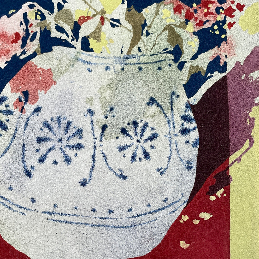 abstract floral bouquet in decorative vase with shadows and textured pumice canvas