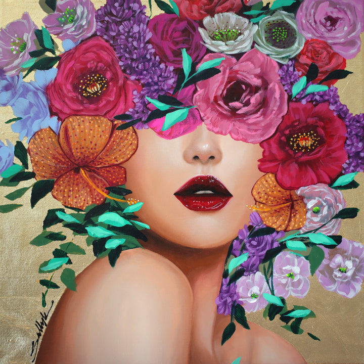 white woman facing viewer with red purple orange flowers and green leaves on head covering eyes red lipstick gold foil background