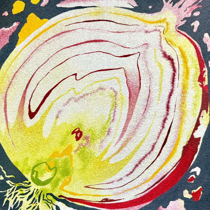 Savor by Erin Touey – abstract oil painting on pumice-primed canvas with a swirling onion-like form in cream, yellow, red, and pink against a dark navy background