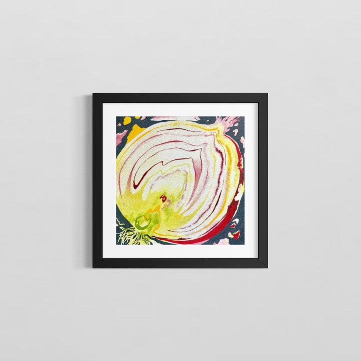 Savor by Erin Touey framed in a black frame with white window matting, showing the swirling cream, yellow, red, and pink abstract oil painting