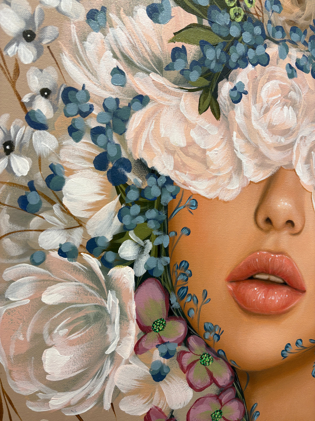 realism female portrait floral flowers leaves surrounding composition in acrylic on canvas in muted beige tones light pink whites