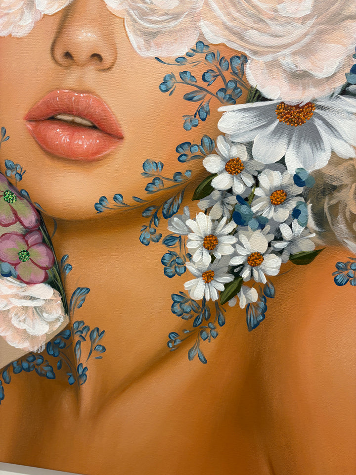 realism female portrait floral flowers leaves surrounding composition in acrylic on canvas in muted beige tones light pink whites