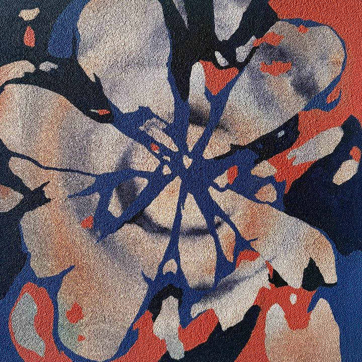 Shattered by Erin Touey – abstract oil painting on pumice-primed canvas with fractured cream, navy blue, and coral shapes radiating outward