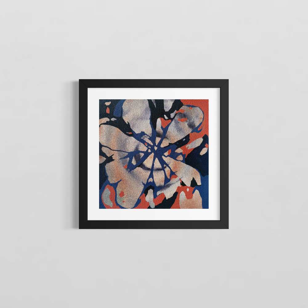 Shattered by Erin Touey framed in a black frame with white window matting, showing the fractured cream, navy, and coral abstract oil painting