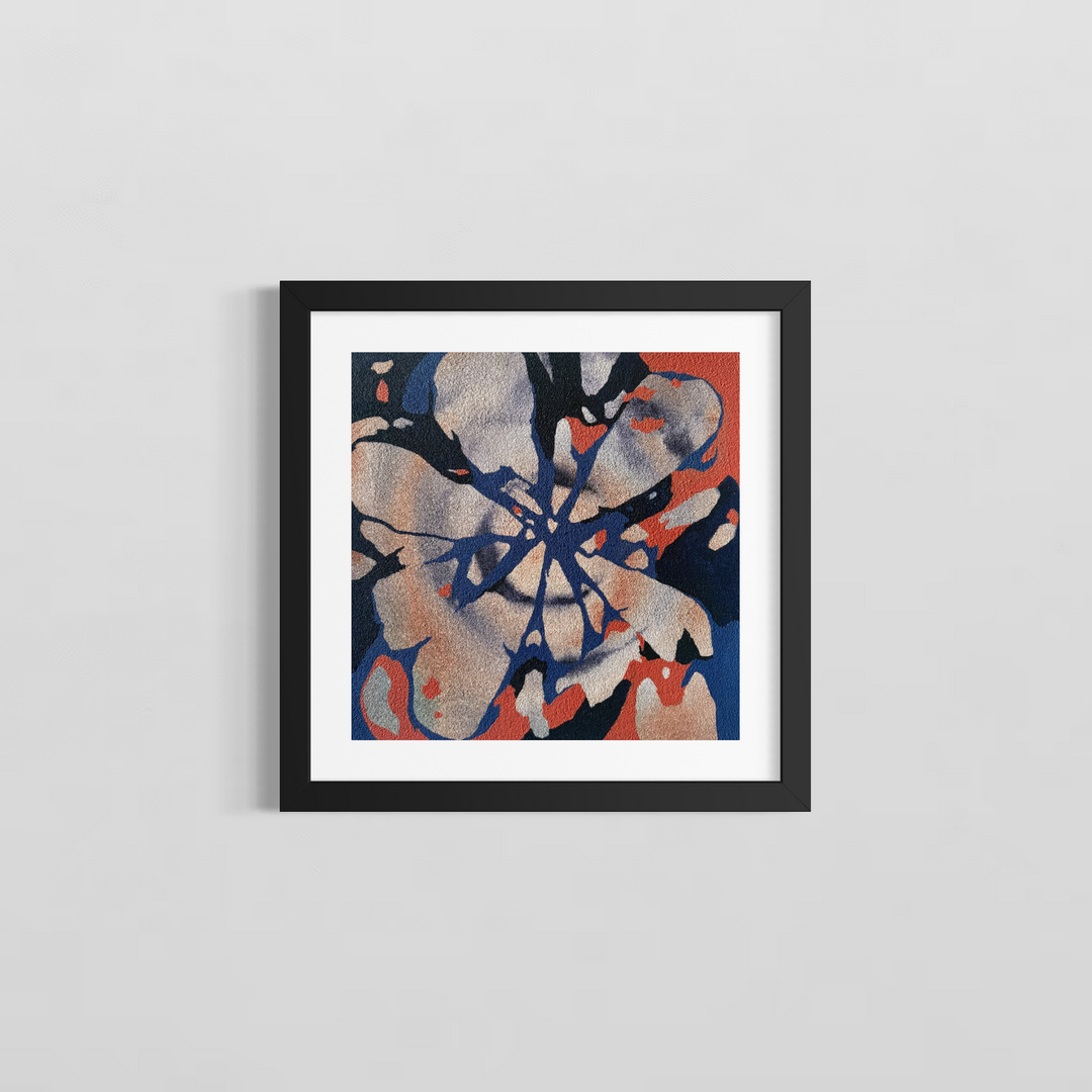 Shattered by Erin Touey framed in a black frame with white window matting, showing the fractured cream, navy, and coral abstract oil painting